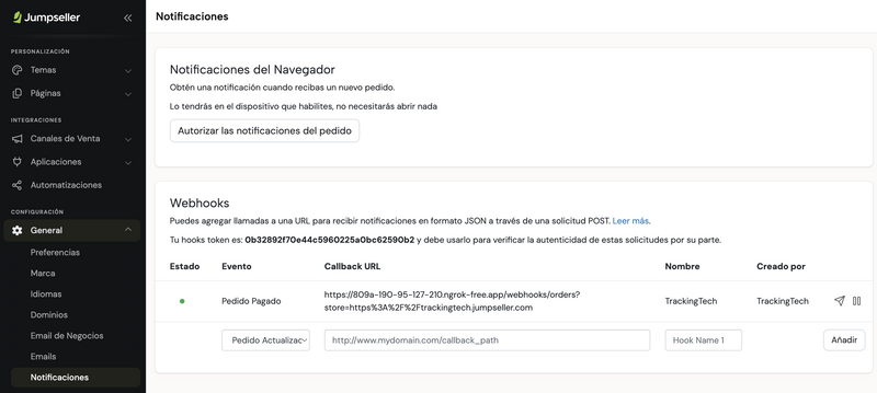 Validación del webhook en Notificaciones