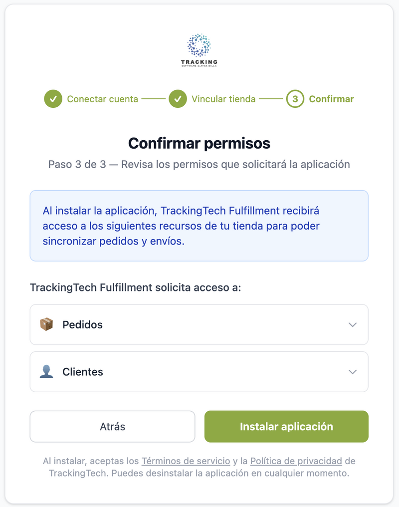 Confirmación de permisos de TrackingTech
