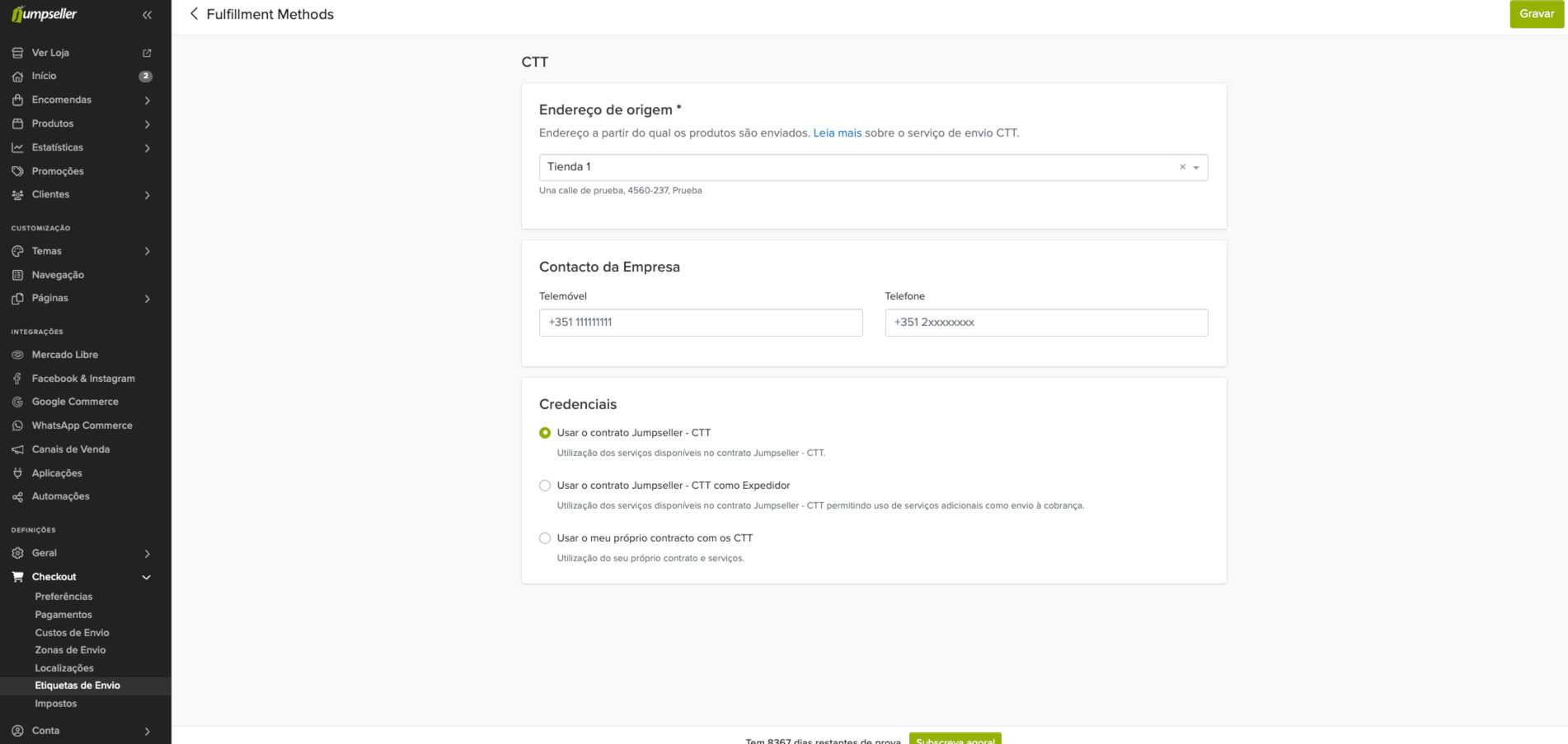 Configuração CTT no Jumpseller