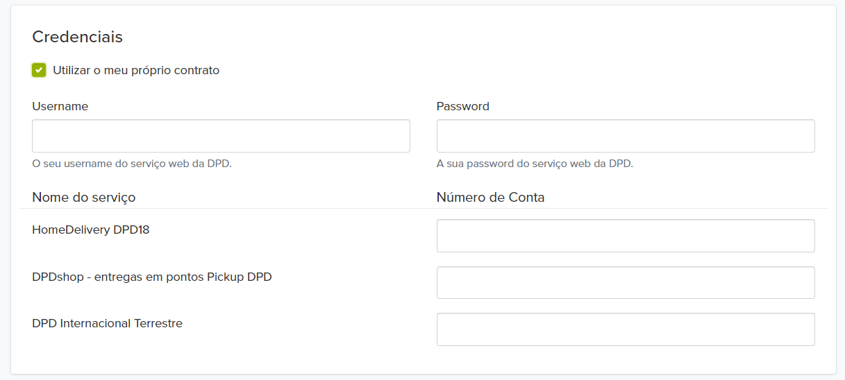 número de conta e credenciais da DPD