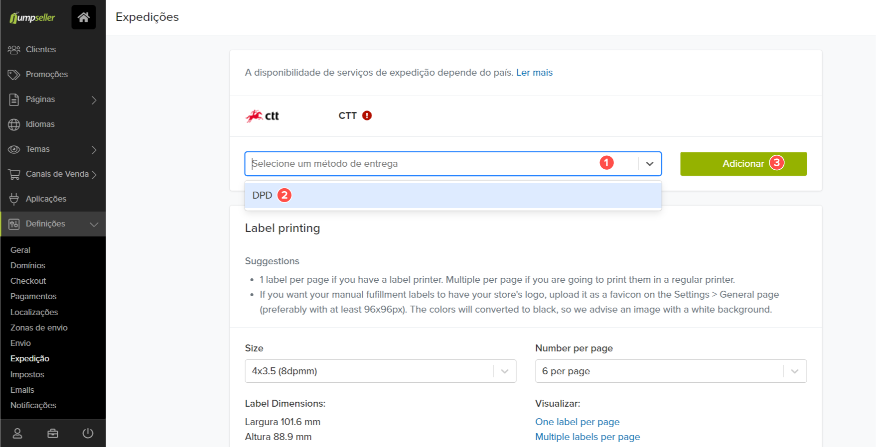Configuração DPD na Jumpseller