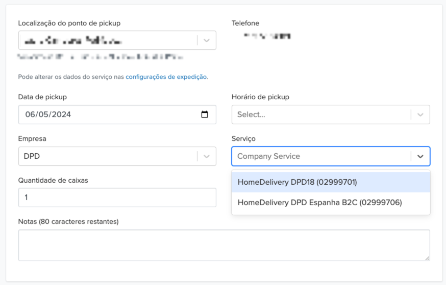 Configuração DPD para Recolha