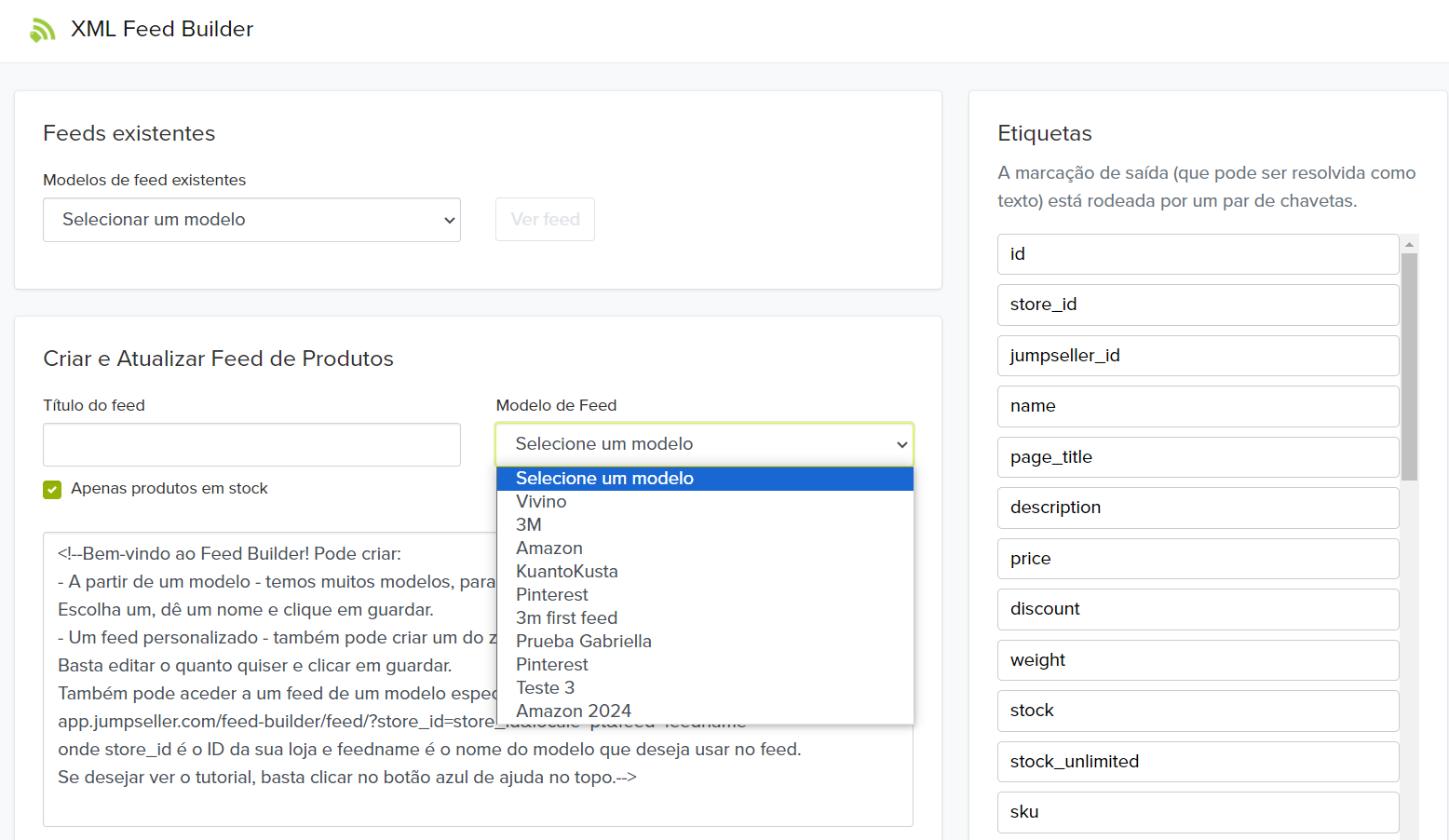 Menu suspenso de modelos de feed