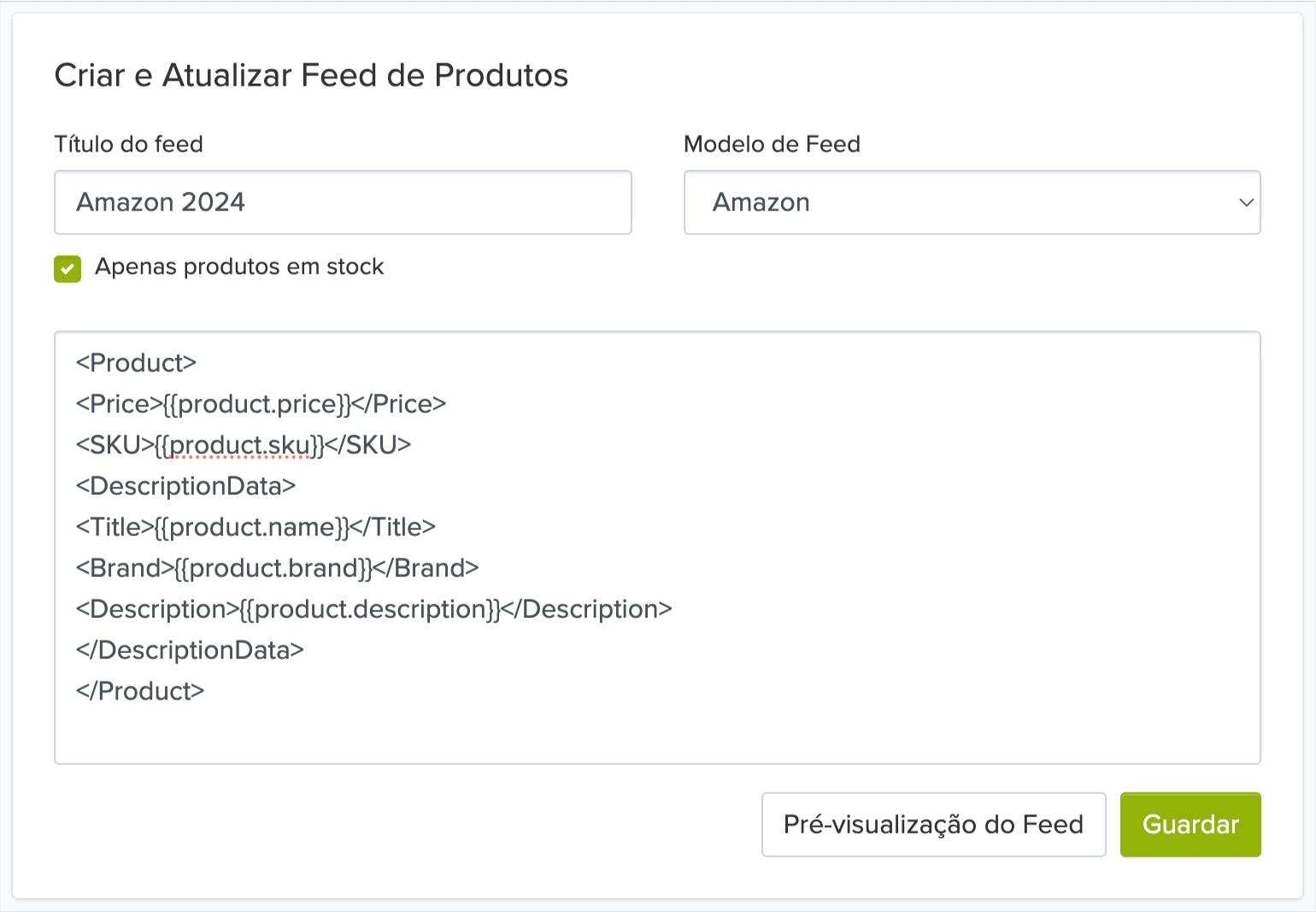 Opções de título do feed e de guardar